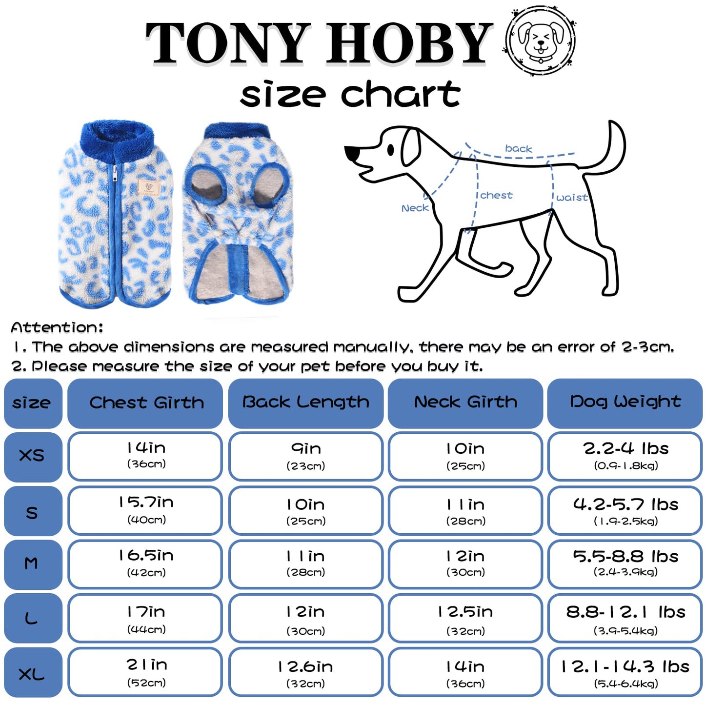 TONY HOBY Dog Cold Weather Coat, Thermal Fleece Dog Jacket, Dog Winter Jacket for Small Medium Dog (Blue&White, L)
