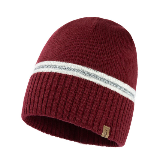 TOP-EX M/L/XL Unisex 50% Merino Wool Skull Cap Warm Winter Beanie Hats Double Layer Knit Hat with Reflective Strips Cold Weather Hat Red