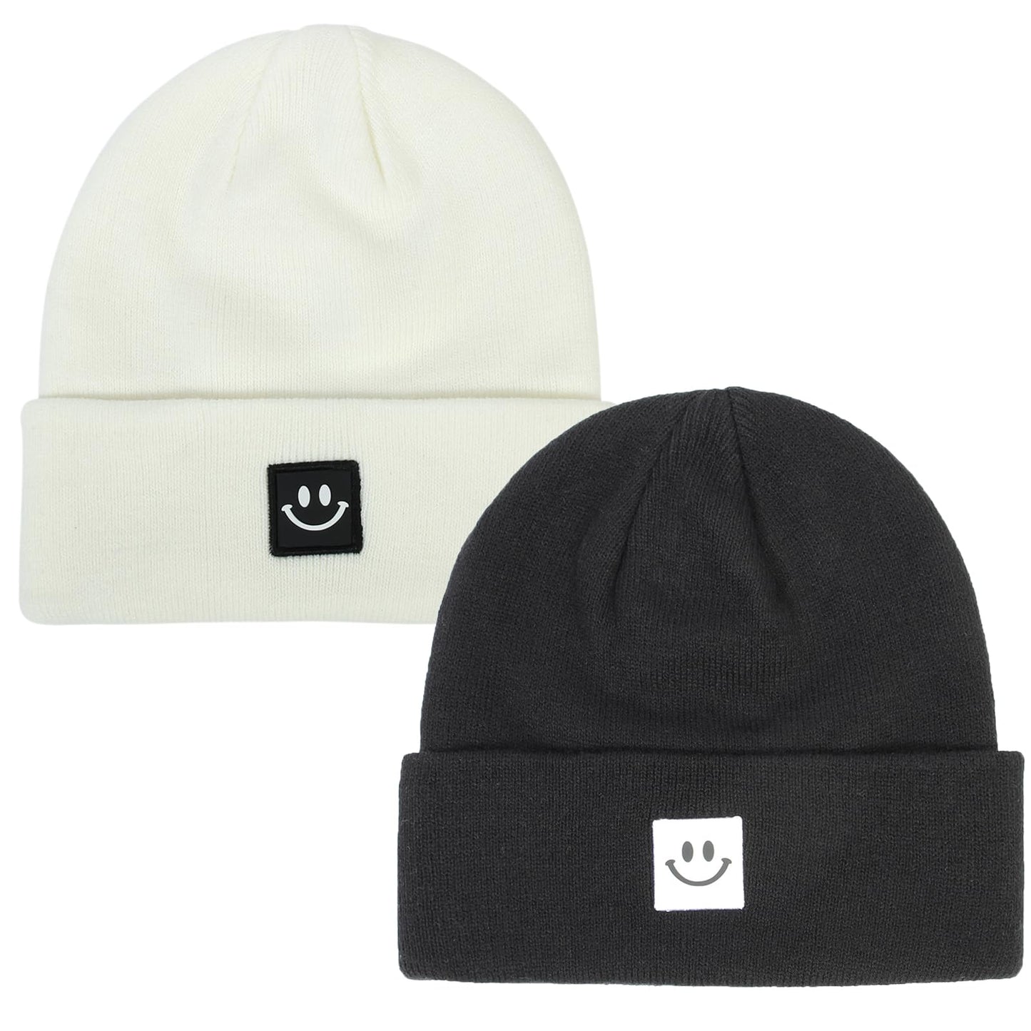 Asufegucd 2Pack Winter Beanie Hats for Couples, Women Men Winter Hats with Smiley Face,Warm Cute Beanies Cap for Cold Weather (US, Alpha, One Size, Black White)