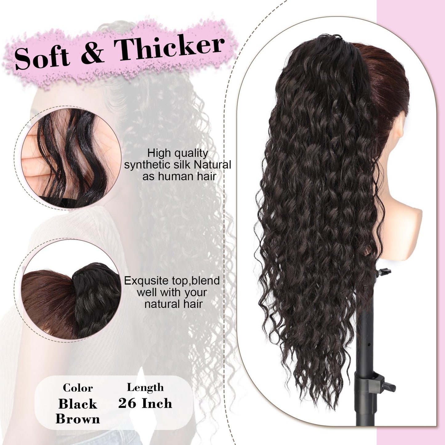 QGZ Curly Ponytail Extension,Drawstring Ponytail for Black Women 26 Inch Synthetic Long Afro Curly Fluffy Ponytail Hairpiece for Daily Use(Black Brown)