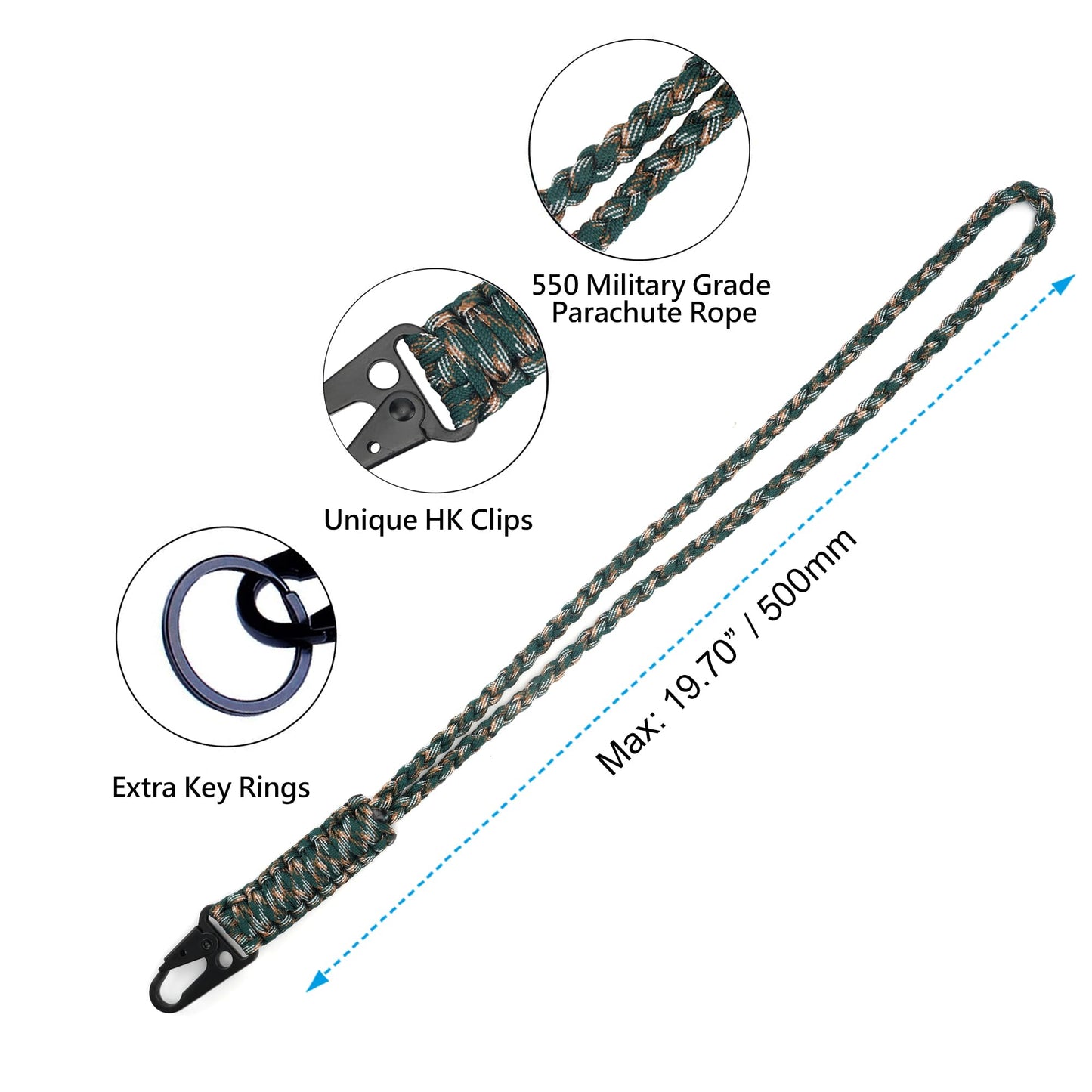 LAREDTREE Heavy Duty Paracord Lanyard Keychain, Paracord Necklace Cell Phone Keychain Whistles Wrist Braided Strap (Camo + Black)
