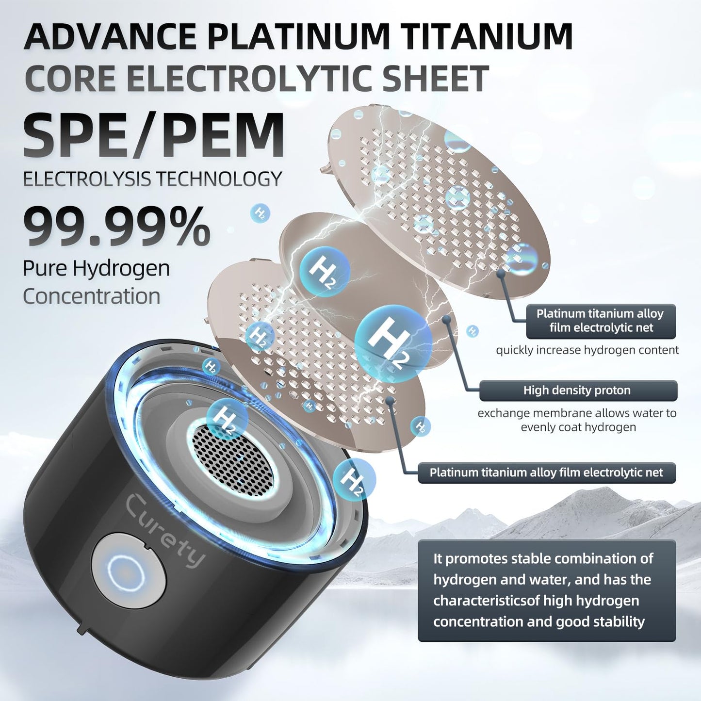 Curety Hydrogen Water Bottle, 3 in 1 Hydrogen Water Bottle Generator, Hydrogen Water Ionizer 2300PPB with SPE/PEM Technology, Hydrogen Water Machine for Home Office Travel Fitness Drinking