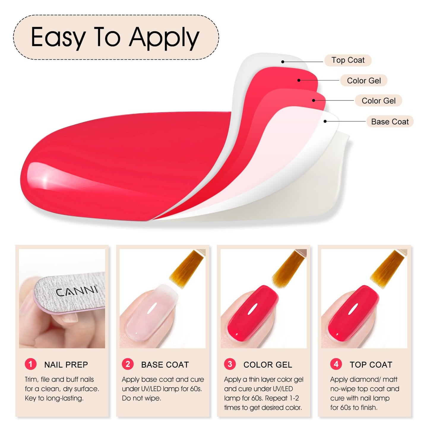 CANNI Pink Gel Polish, 1Pcs Gel Polish Hot Pink Color Gel Strawberry Pink Polish Nail High Gloss Soak Off U V Gel Nail French Nail Manicure Salon DIY