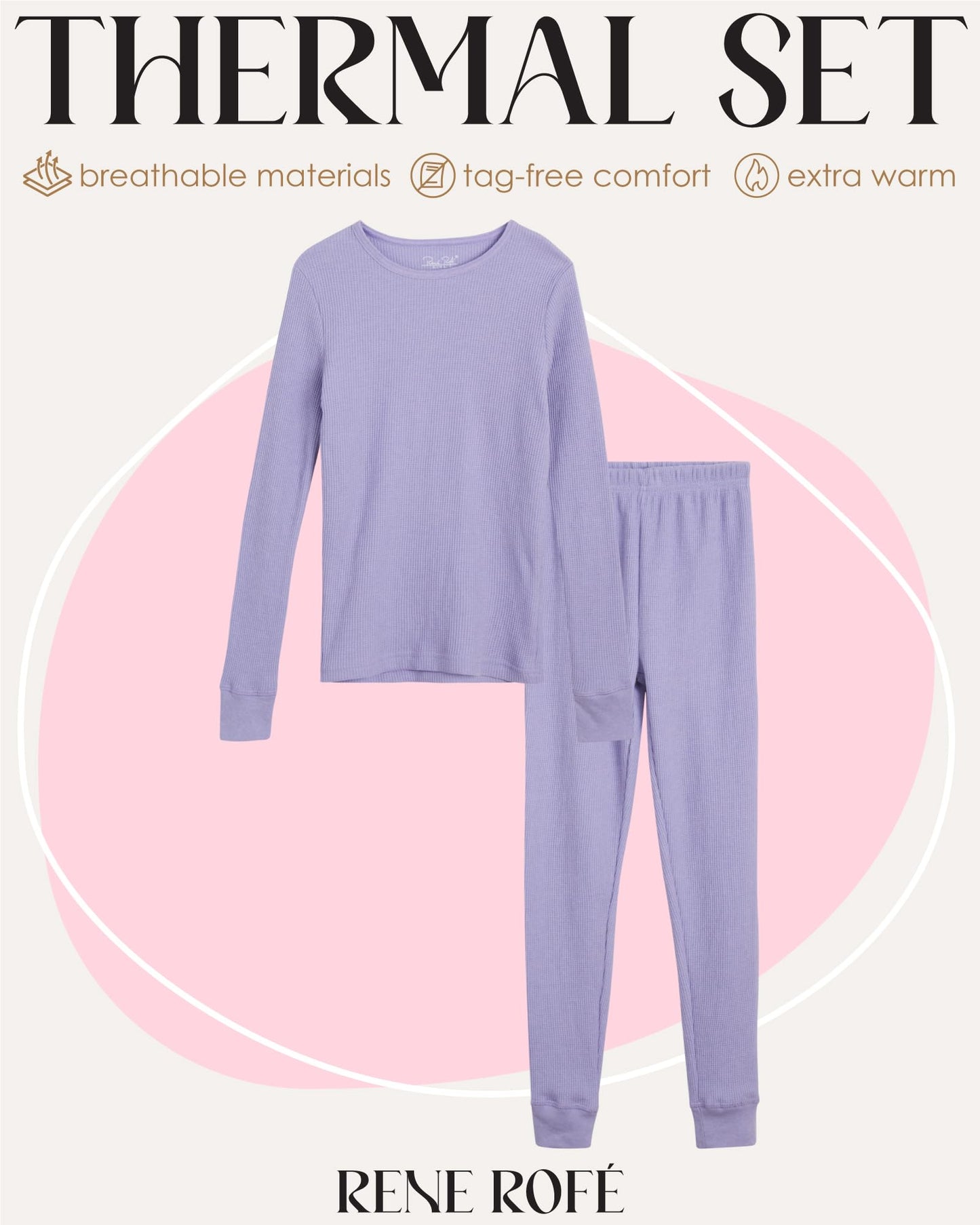 Rene Rofe Girls' Thermal Underwear Set - 2 Piece Waffle Knit Top and Long Johns (2T-16), Size 4-5, Lavender