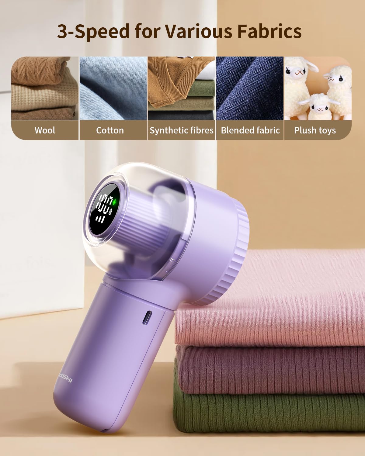 coldSky Fabric Shaver, š® š¶š» š Lint Remover with Brush, 1200mAh Sweater Shaver with Digital Display,3 Speeds Lint Shaver, 6-Leaf Blades Lint Remover for Clothes, Sofa, Bedding,Purple