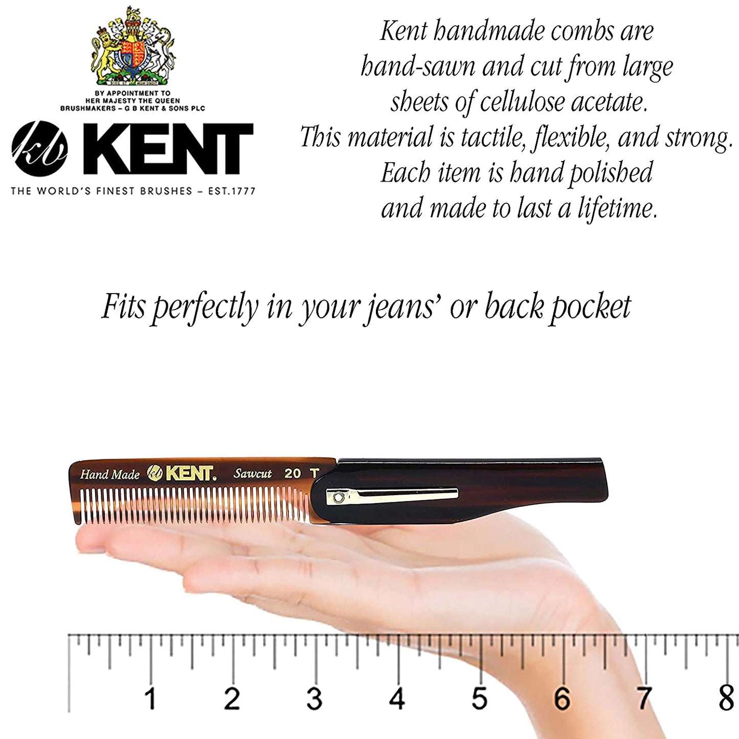 Kent 20T Handmade Folding Pocket Comb for Men, Fine Tooth Hair Comb Straightener for Everyday Grooming Styling Hair, Beard or Mustache, Use Dry or with Balms, Saw Cut Hand Polished, Made in England