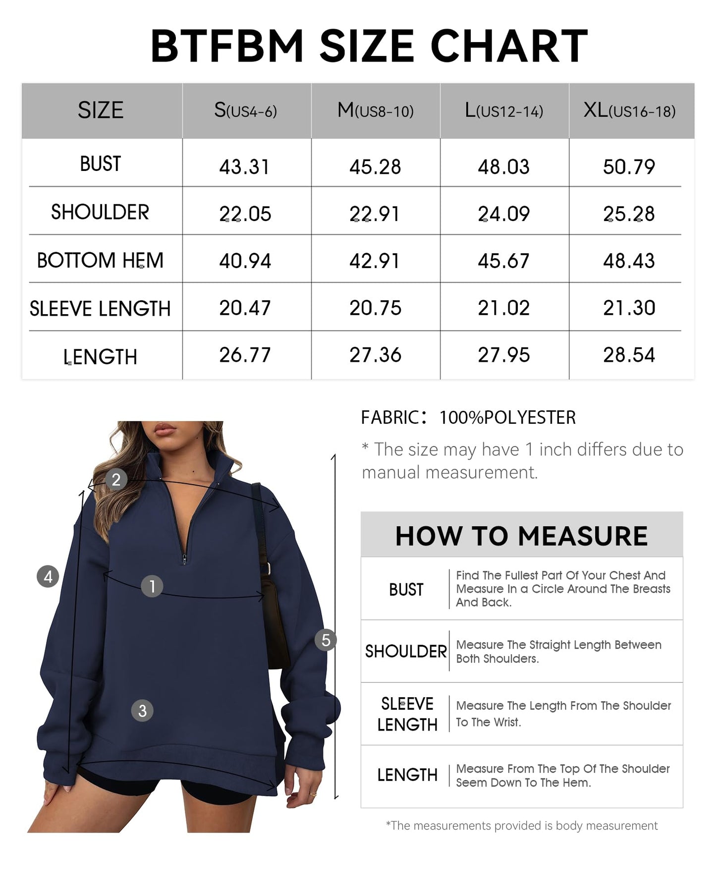 BTFBM Women's Quarter Zip Sweatshirt 2024 Fall Spring Oversized Casual Long Sleeve Workout Pullover Y2K Clothes(Solid Navy, Large)