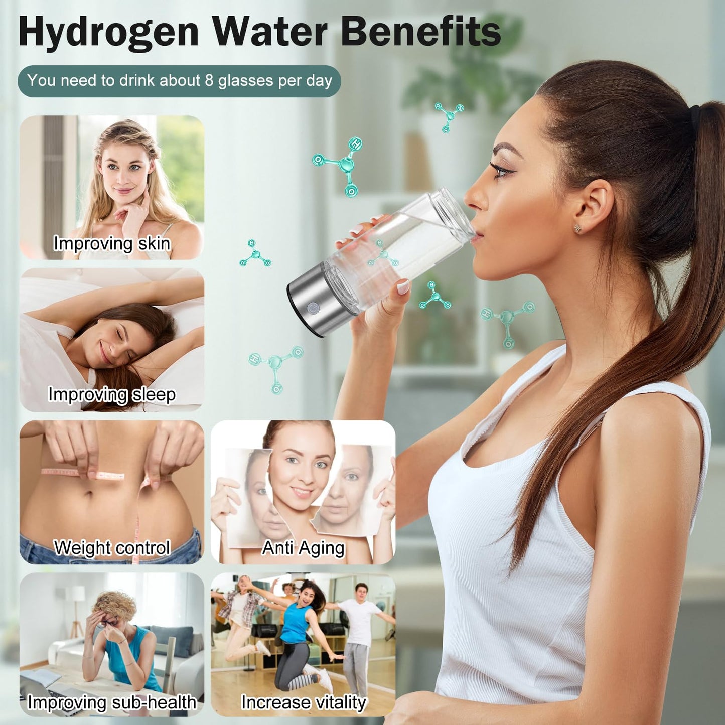 2025 Upgrade Hydrogen Water Bottle, 3 Min 1800PPB Fast Hydrogen Water Generator with SPE PEM Tech, 14oz Portable Hydro Water Machine, Rechargeable Hydrogen Rich Glass for Home Office Travel & Fitness