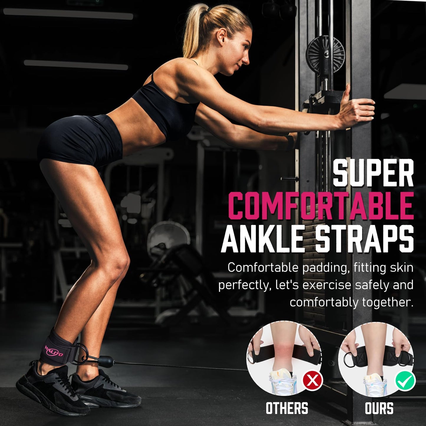 WALITO Gym Ankle Straps for Working Out - Glute Ankle Cuff Kickback Strap, Gym Cable Machine Accessories for Women Glute Leg Extensions, Hip Abductors & Lower Body Exercises Equipment