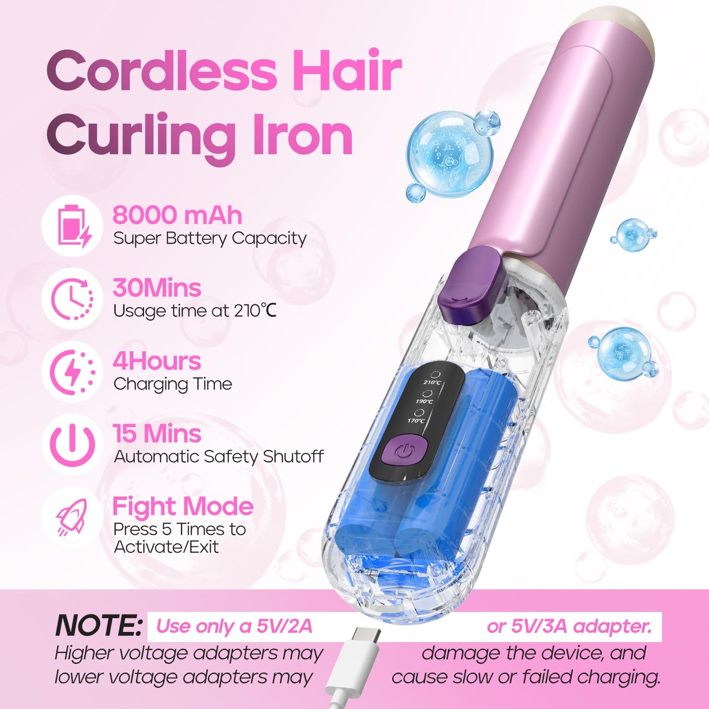 Youbella Cordless Curling Iron, 8000mAh Travel Hair Curler, Portable Heated Wand with Protective Cover & Gloves, USB Rechargeable for Big Waves, 1.35” Wireless Hair Styling Tool, Negative Ions, Gray