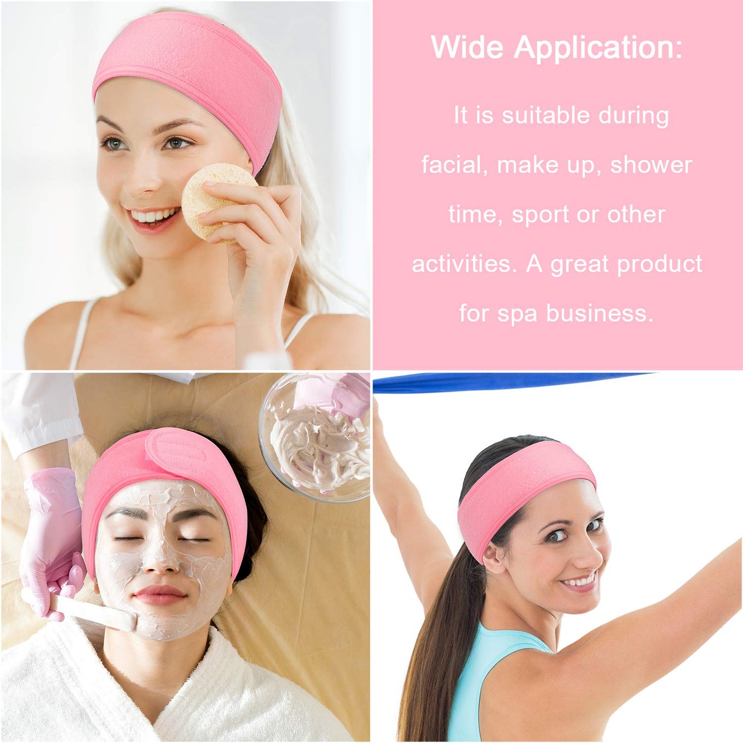 Whaline 4 PCS Spa Headband, Make up Hair Band, Stretch Terry Cloth Headband for Sport Yoga Shower (Pink)