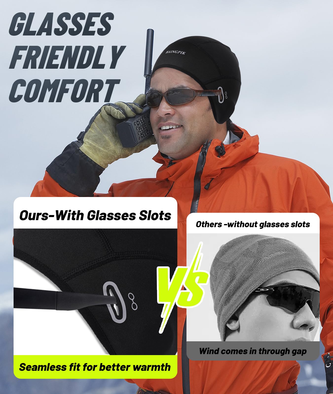 HAINGPIK 2 Pack Winter Skull Cap Helmet Liner for Men, Thermal Cycling Cap with Glasses Holes, Warm Hat Beanie for Cold Weather