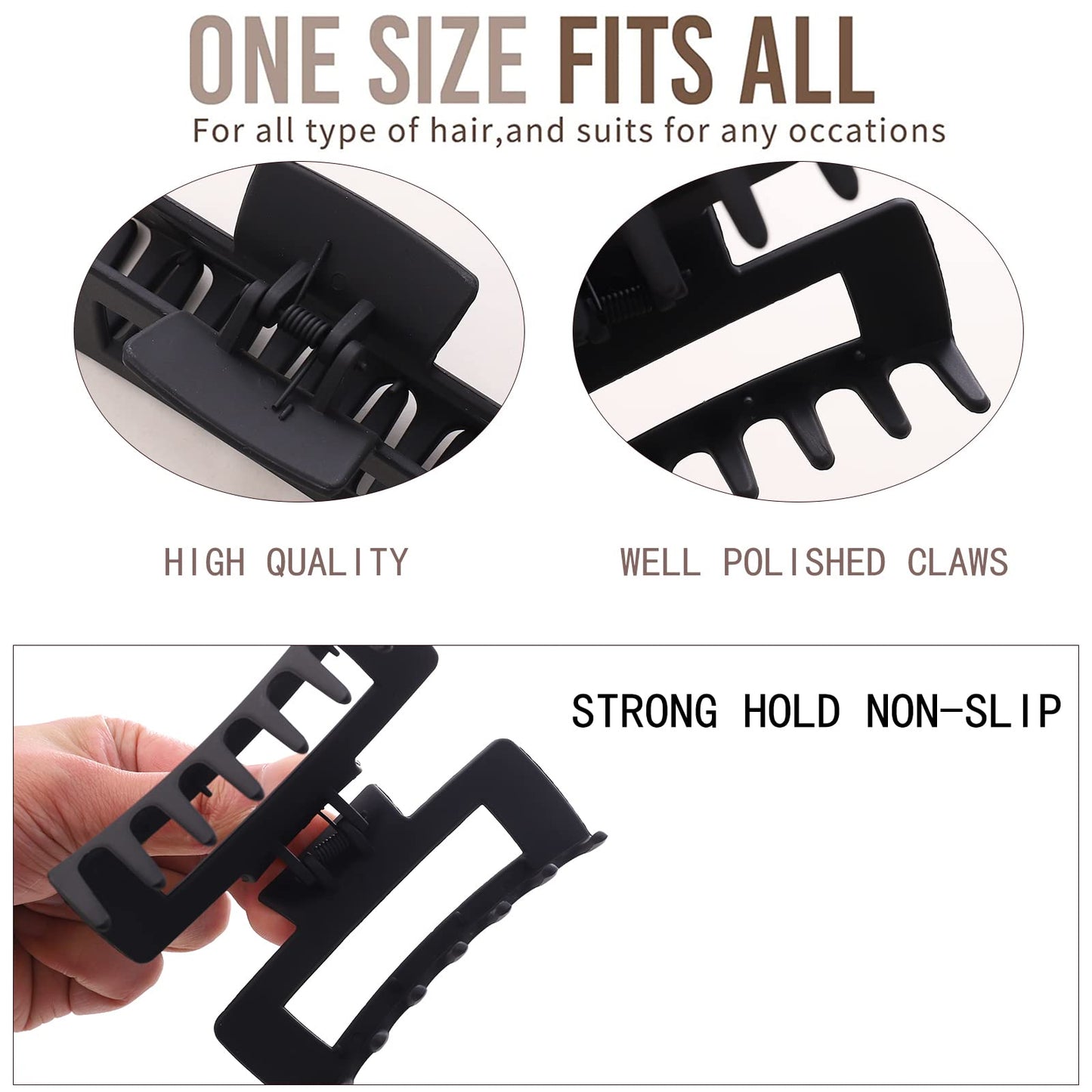 12 Pack Black Square Claw Clips, Big and Small Neutral Rectangle Hair Claw Clips, Non-slip Matte Large Hair Clips for Women,Strong Hold jaw clip for Thick Thin Hair