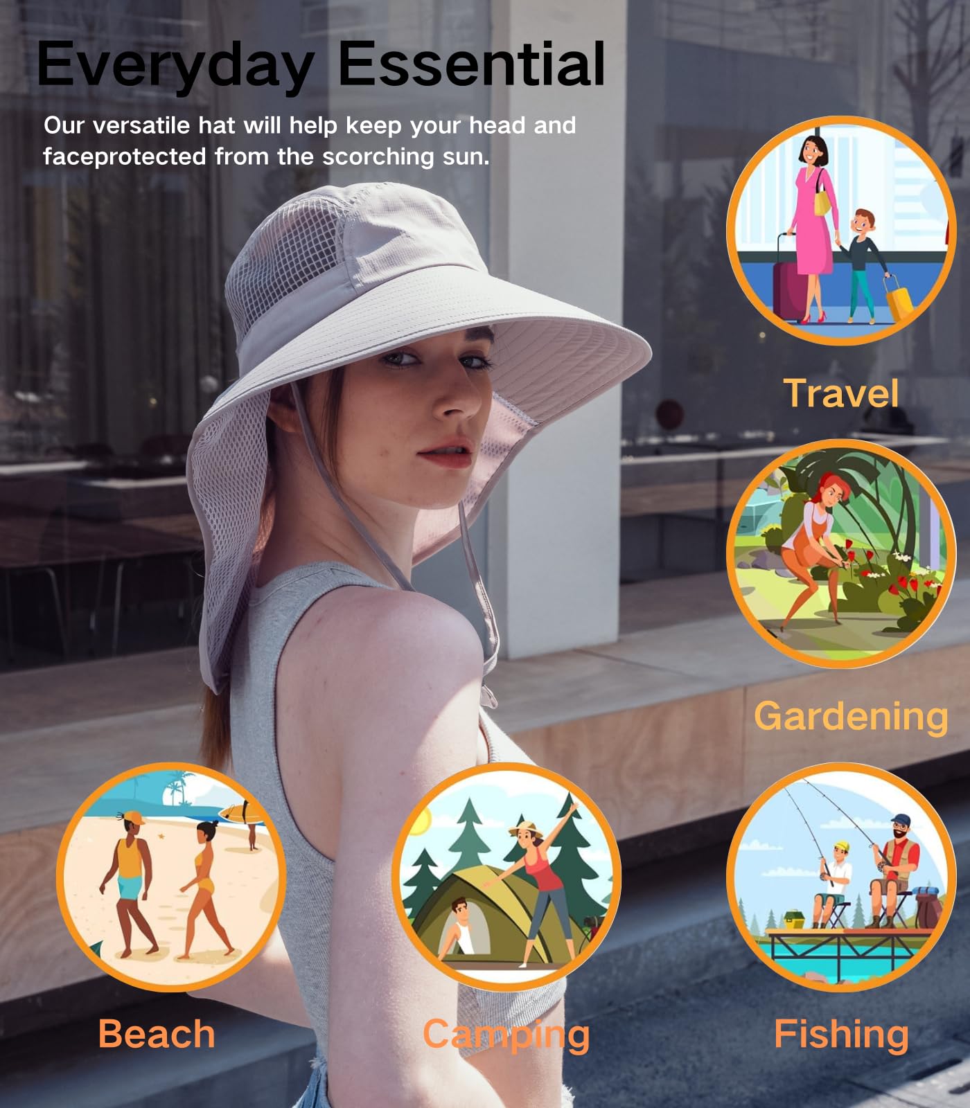 Womens Sun Protection Hat Foldable Waterproof Fishing Hat Women Neck Flap Wide Brim Gardening Hat with Ponytail Hole for Women Light-Gray