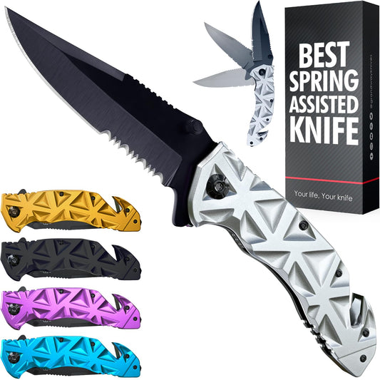 GOOD WORKER White Pocket Knife for EDC - 440 Steel Sharp Blade & Aluminum Handle - Cool Folding Knives - Multi Tool Knife - Camping Gear and Equipment - Best Gift for Men and Women - HB 207 W