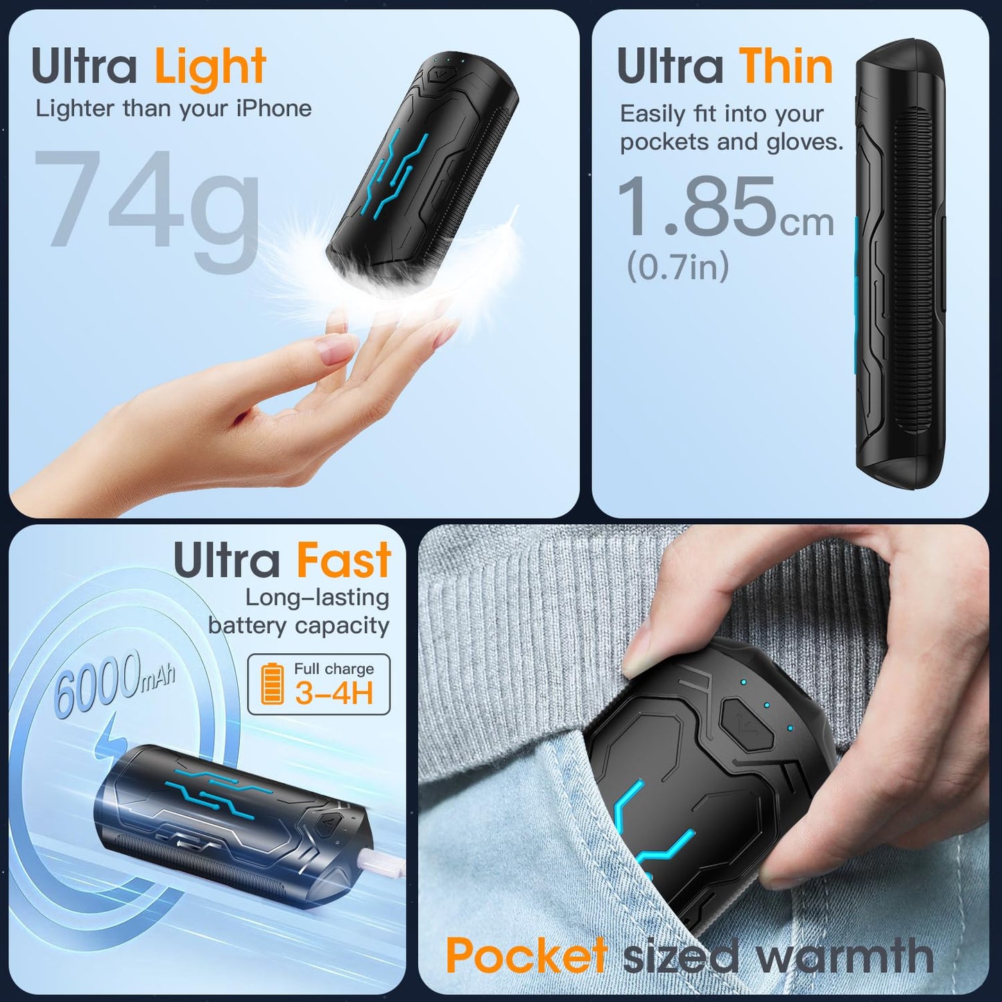 OLV Hand Warmers Rechargeable 2 Pack 20Hrs Long Heating Pocket Size Electric Handwarmers, Portable USB Hand Warmer Heater Therapy Great Gift for Christmas Outdoors, Hunting, Golf, Camping Men Women