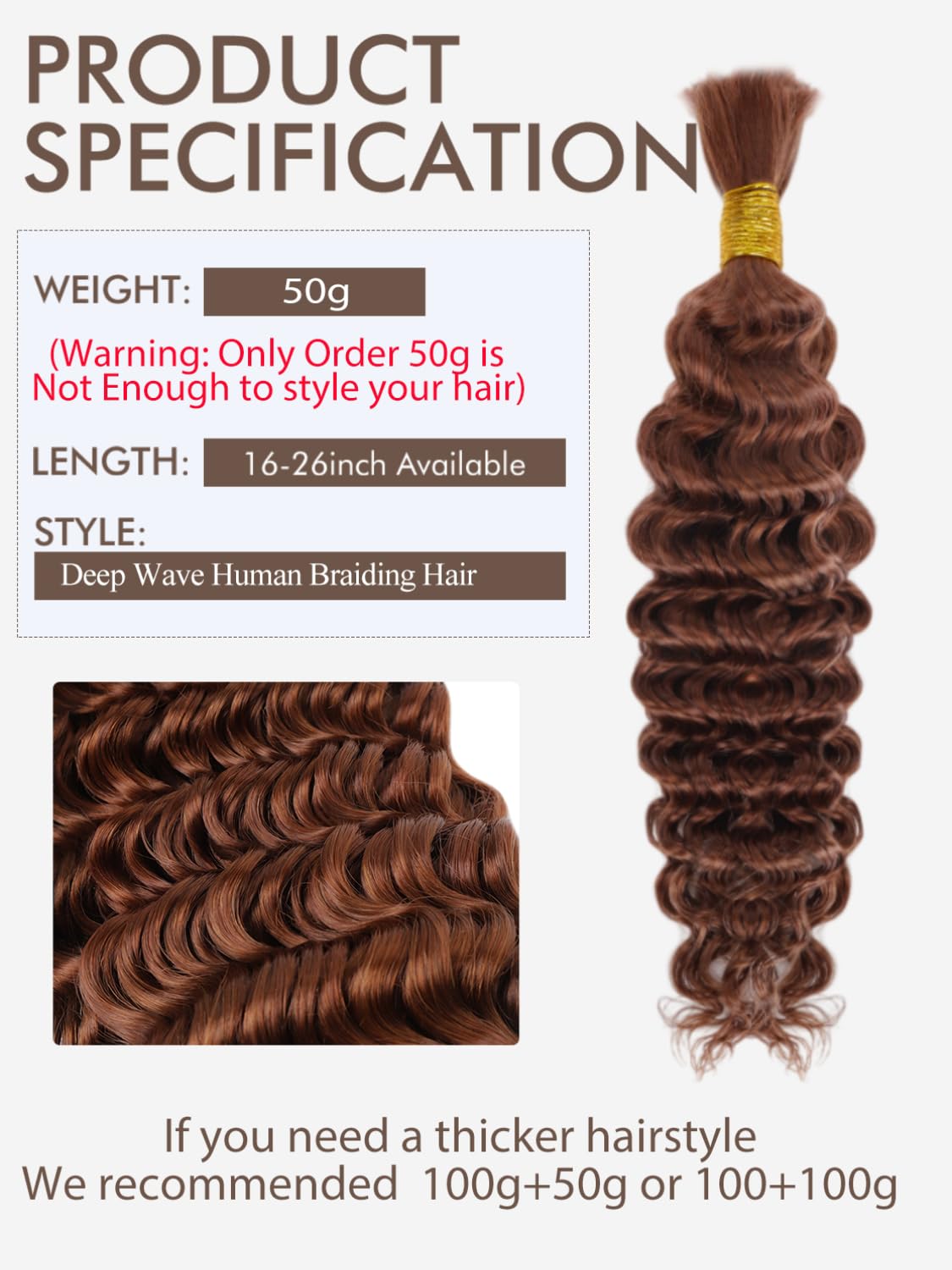 Brown Braiding Hair 1 Bundle 50g 24 Inch Color 30 Braiding Hair Deep Wave Human Hair Braiding Hair Water Wave Bulk Human Hair for Braiding 100% 12A Brazilian Auburn Human Bariding Hair for Boho Braids