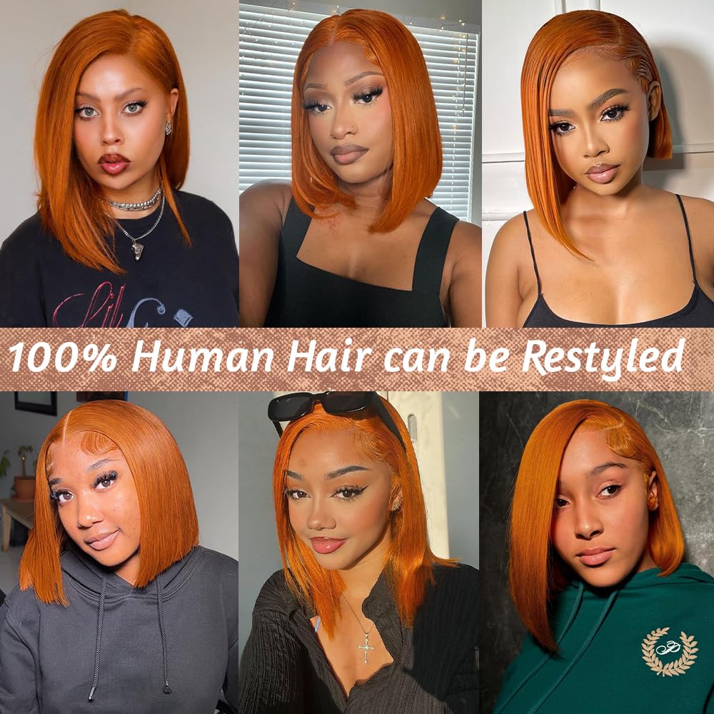 EAGERA Ginger Bob Lace Front Wig Human Hair 8 Inch 13x4 Orange HD Lace Closure Human Hair Wig Pre Plucked with Baby Hair Short Ginger Straight Bob Colored Wig Human 180% Density for Women