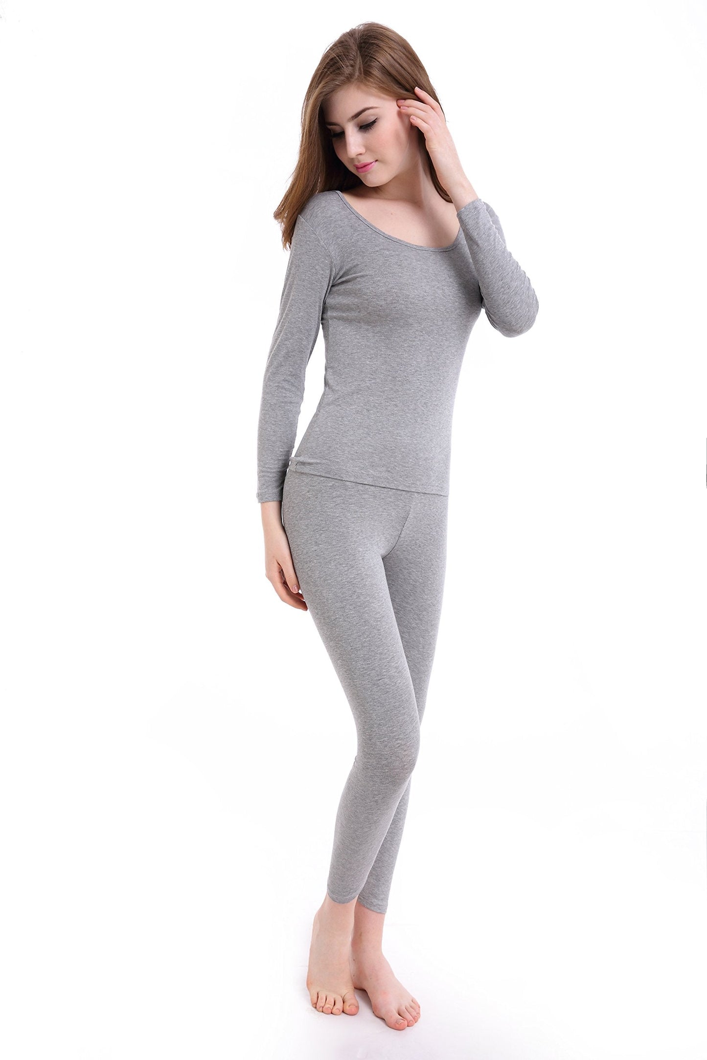 Winter Ultra Thin Long Johns Crew Neck Base Layer Thermal Underwear for Women Light Gray