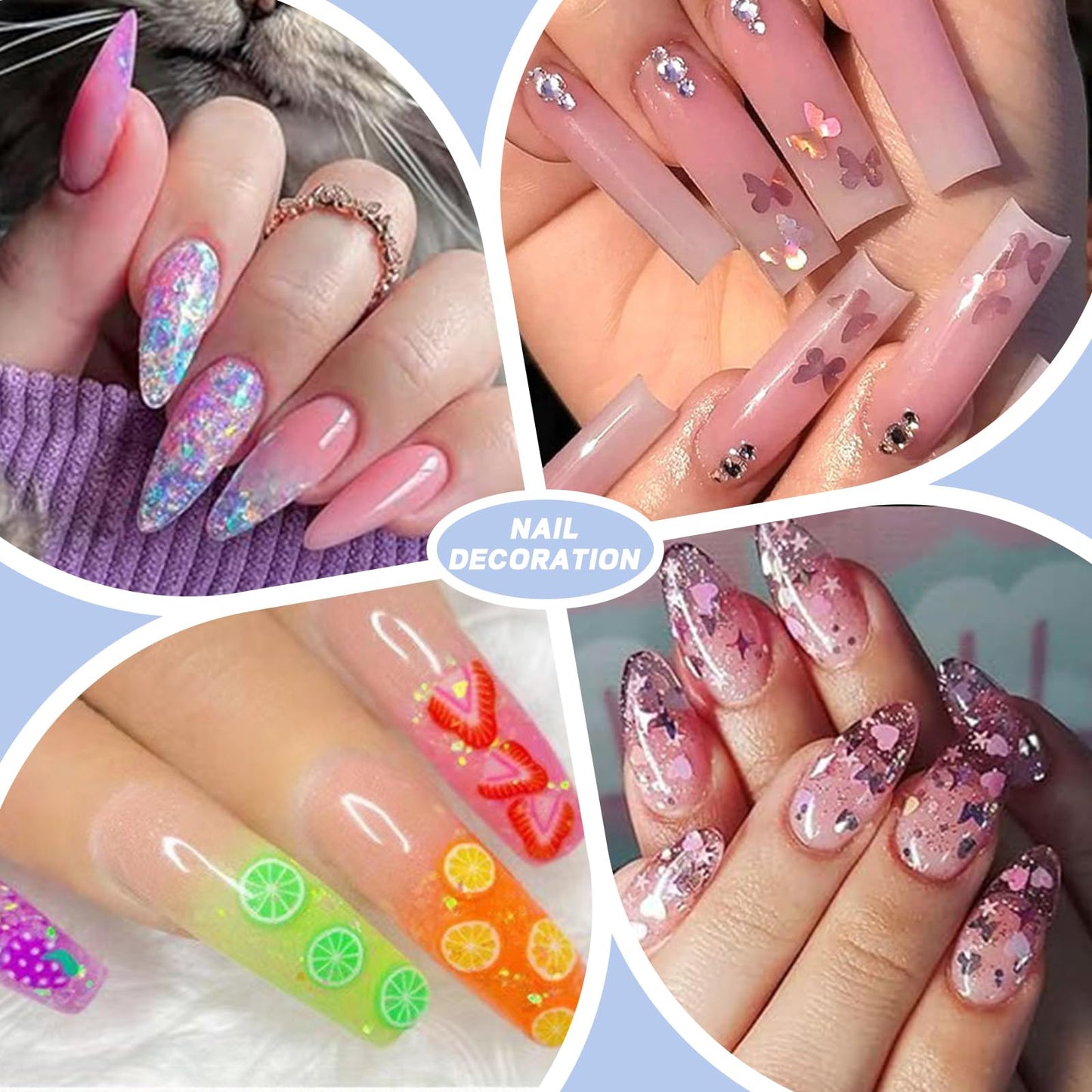 AddFavor 4 Boxes Holographic Nail Glitter Mixed Butterfly Heart Star Sequins Iridescent Flakes Fruit Nail Slice for Nail Art Decorations Supplies