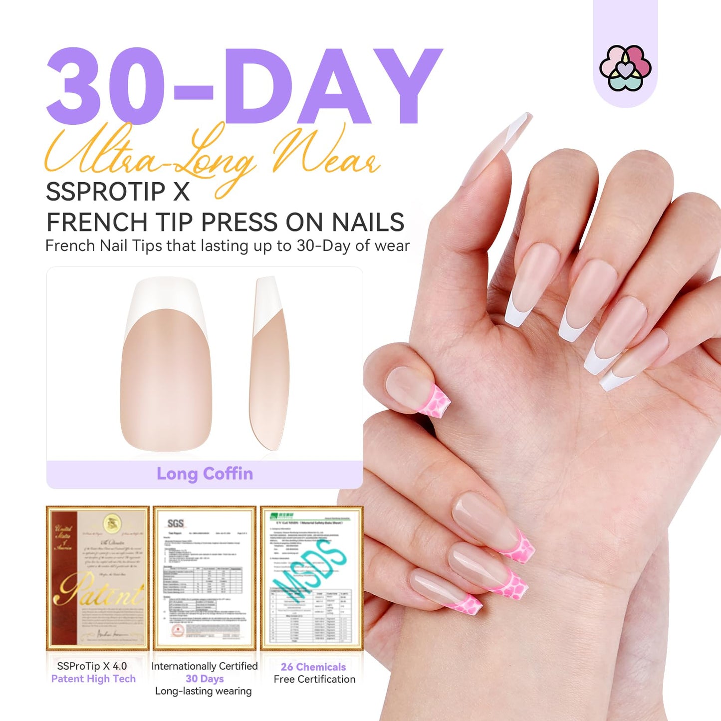 SAVILAND French Tip Press On Nails: Long Coffin Thicker & Sturdy Acrylic Press On Nails 150 PCS Long-lasting Nude French Tip Nails Natural Look Fake Nails Soft Gel Nail Tips DIY Fast Home Manicure