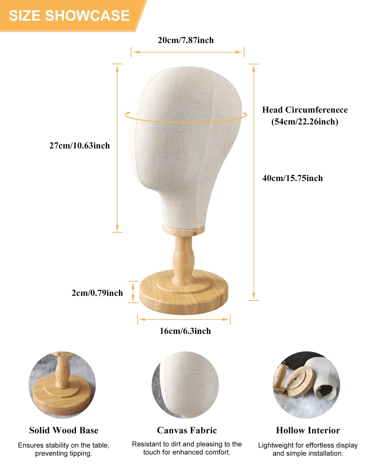 CHADWICK Wig Head Stand Mannequin Head Hat Display Stand Linen Wig Holder, Hat Rack Fabric Head, Canvas Dome + Detachable Wood Stand, Wig Display Model Head Wig Stand for Wigs, Hats, Caps, Headdress
