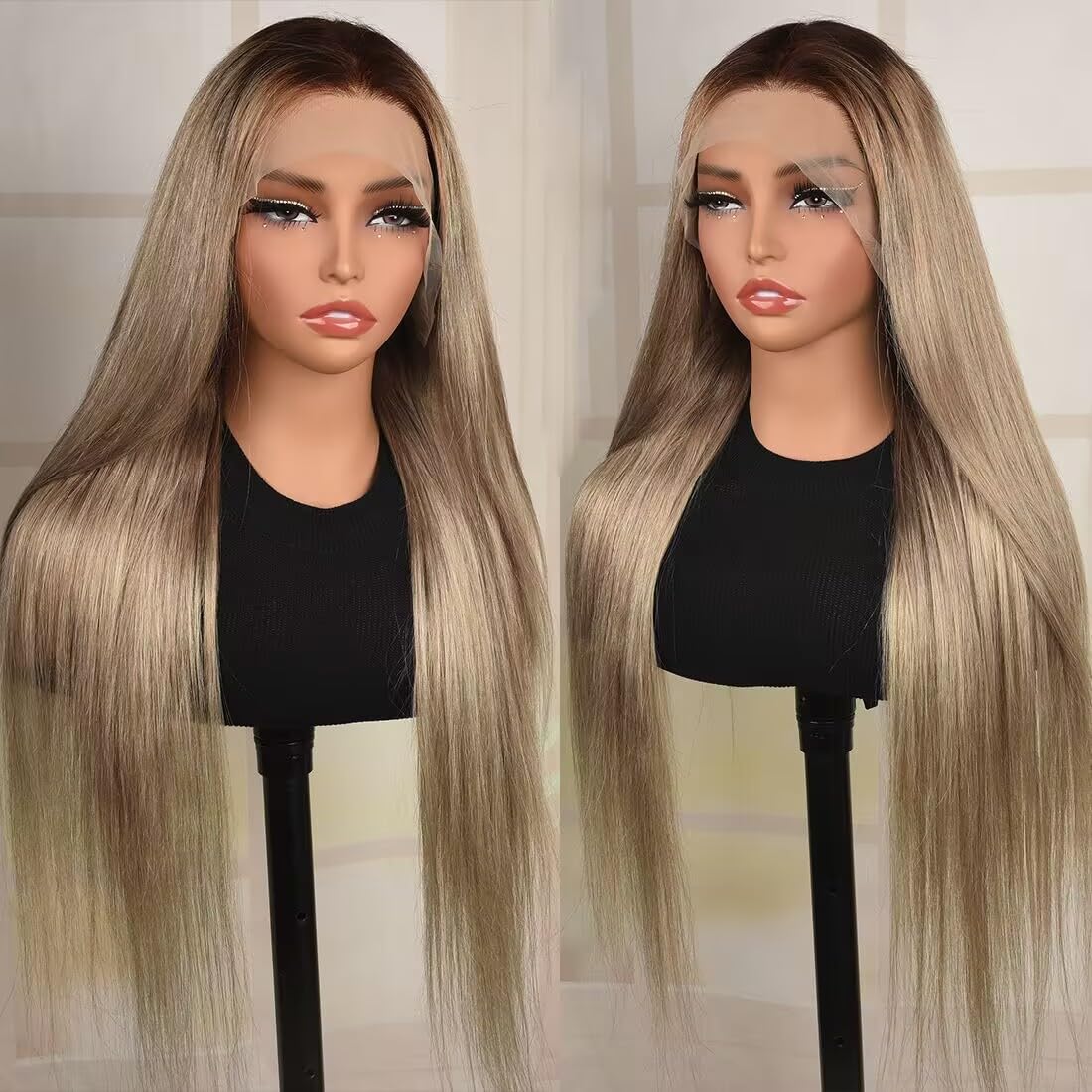 Ash Blonde Wig Human Hair 13x4 Transparent Lace Front Wigs Human Hair 200% Density Ash Blonde Straight Lace Front Wigs for Black Women Pre Plucked Dark Brown Roots Platinum HD Lace Frontal Wig 26 Inch