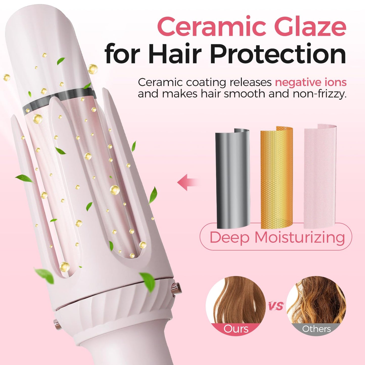 Wollea Automatic Curling Iron, Beach Wave Curling Wand, Portable Rotating Curler, Dual Voltage, Lightweight and Portable, Ceramic Coated, Straightening Brush, 1inch and 1.25 inch 3-in-1, Pink