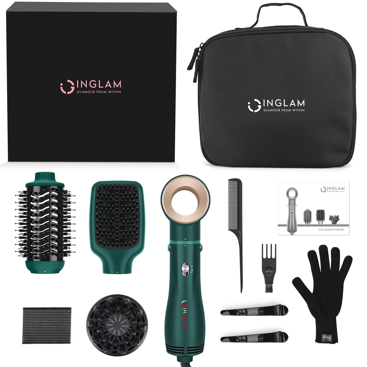 IG INGLAM Hair Dryer Brush, 4-in-1 Detachable Blow Dryer Brush, Ionic Diffuser Hair Dryer & Styler Volumizer with Oval Titanium Barrel, One-Step Hot Air Blowout Brush, Updated Push Switch, Dark Green
