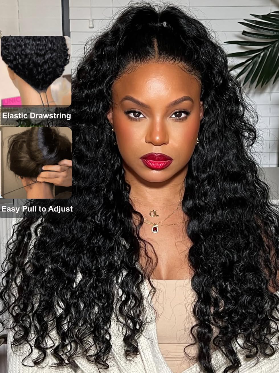 UNICE Bye Bye Knots Wig Water Wave 7X5 Lace Front Wigs Human Hair with Elastic Drawstring Glueless Human Hair Wig Pre Plucked Pre Cut Bleached Knots 180% Density 16 inch