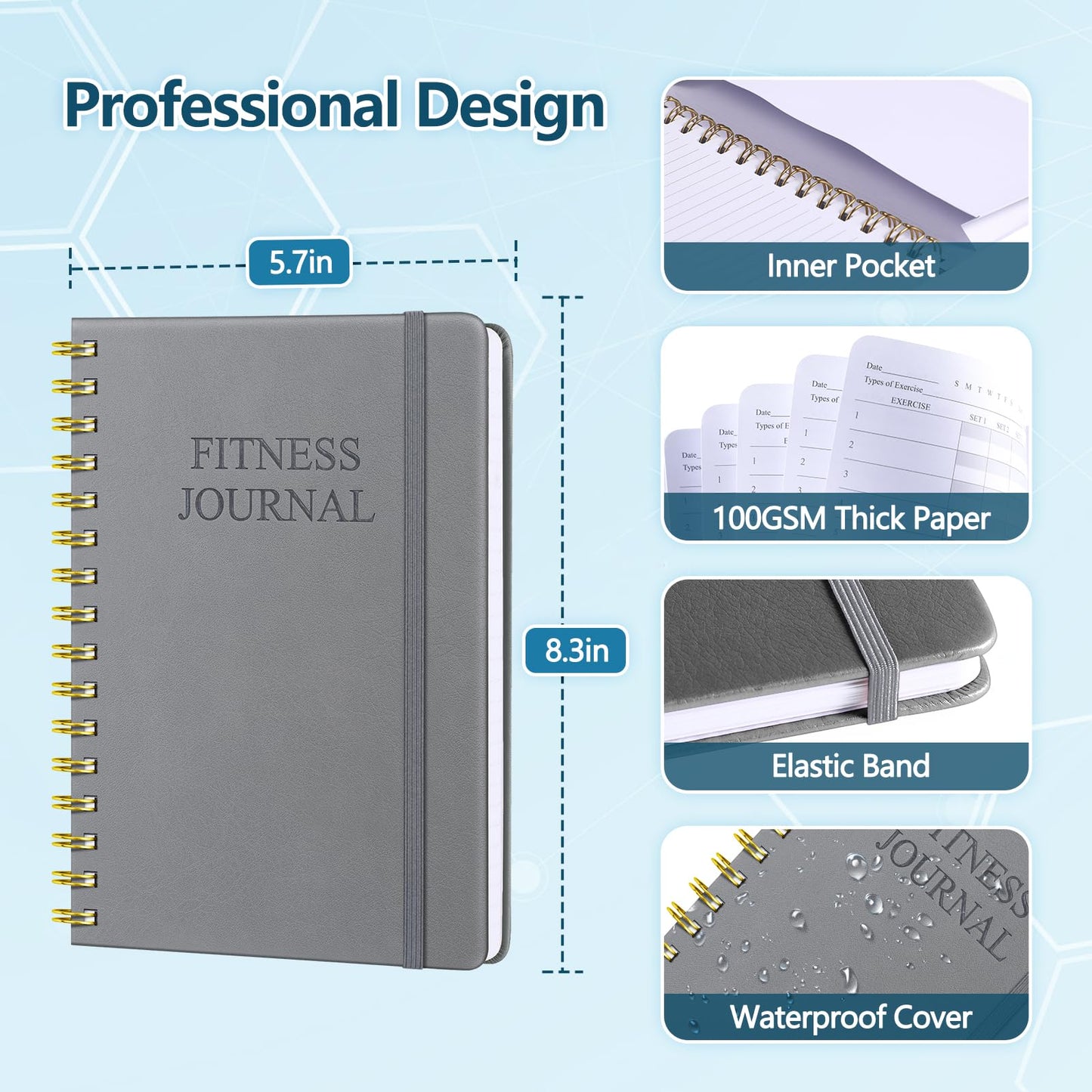 Fitness Journal-Workout Journal for Women & Men, Hard Cover Leather Fitness Planner, Workout Log Book With Gym Goals, Calendar, Progress Tracker, A5-5.7" x 8.3" - Grey