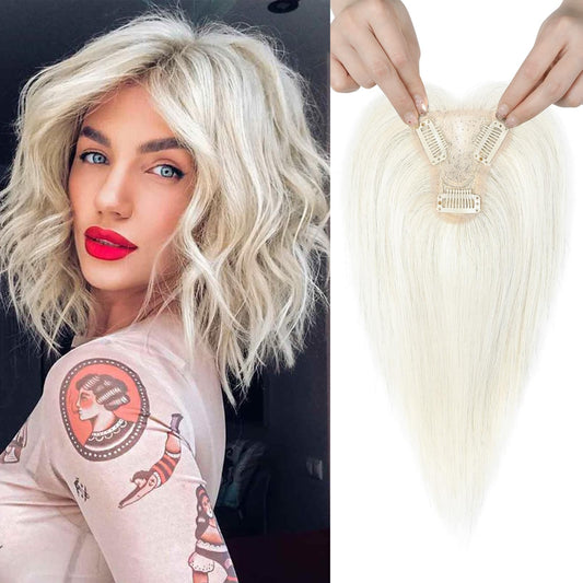 REECHO Real Human Hair Topper, 10 inch Women Hair Toppers for Thinning Hair, 100 Percent Human Hair Large Coverage Natural Hairpiece Wiglet, Standard Base 3.5"x2", Yellow White with Black Strands