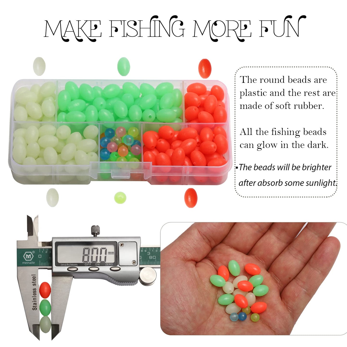 Dovesun Soft Rubber Fishing Beads Fishing Accessories Fishing Bait Eggs Oval Luminous Fishing Beads with Fishing Tackle-Box 0.31 * 0.47in(230pcs)