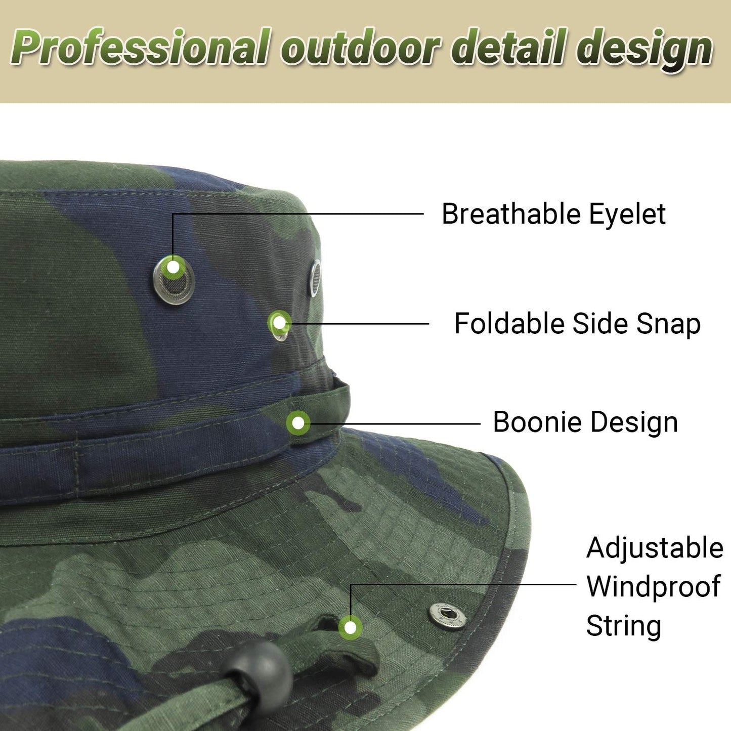 Phaiy Bucket Hat with String Camo Military Boonie Hat UPF 50+ Wide Brim Sun Hat for Men Fishing Hiking Safari