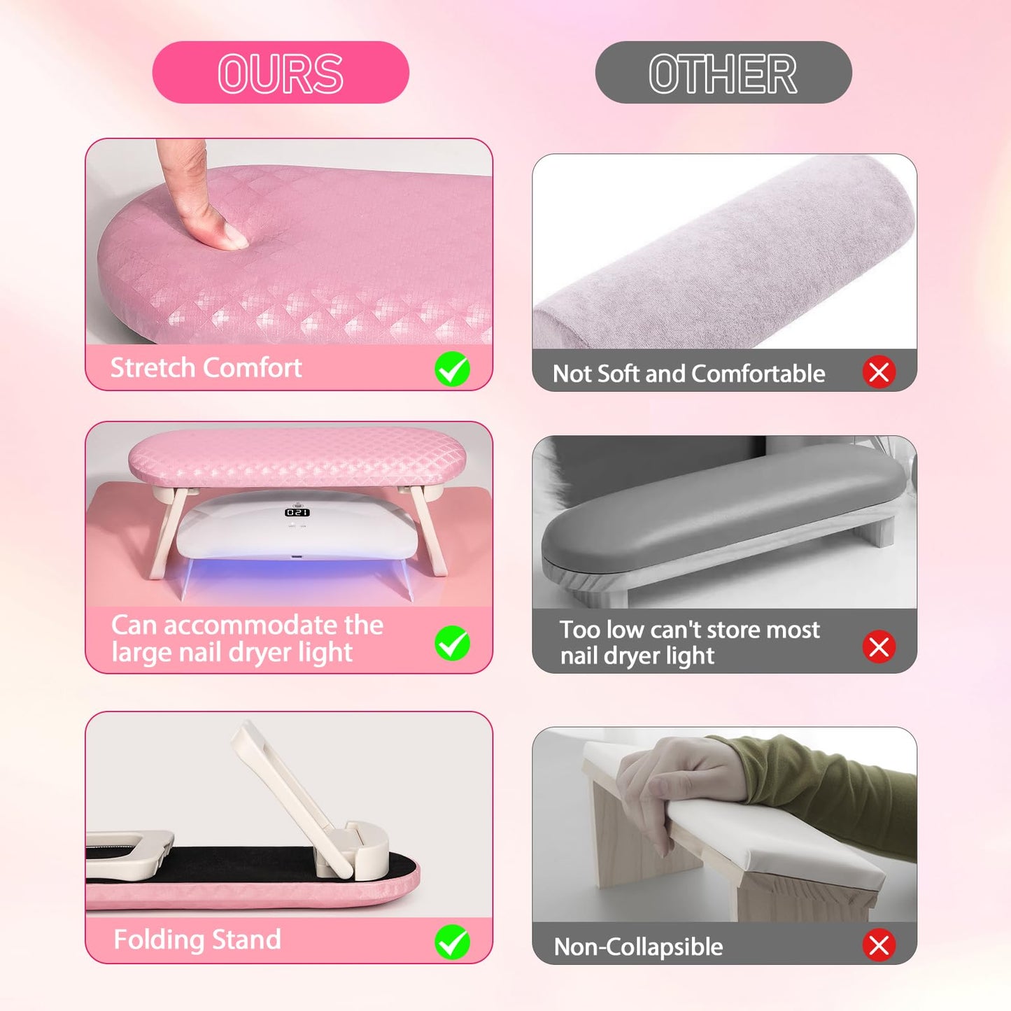 krofaue Nail Hand Rest - Folding PU Leather Arm Rest for Nails Tech with Nail Mat, Cushion Nail Hand Rest Stand for Acrylic Nails Professional Nail Pillow for Manicure Pedicure Salon Home (Pink)