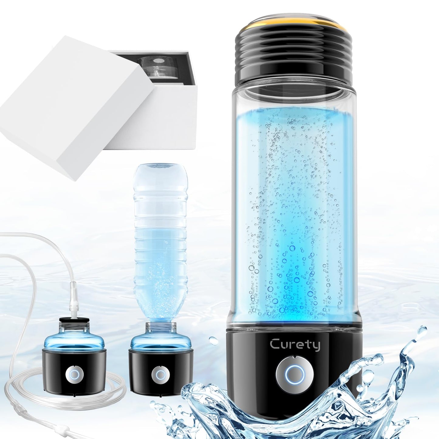 Curety Hydrogen Water Bottle, 3 in 1 Hydrogen Water Bottle Generator, Hydrogen Water Ionizer 2300PPB with SPE/PEM Technology, Hydrogen Water Machine for Home Office Travel Fitness Drinking