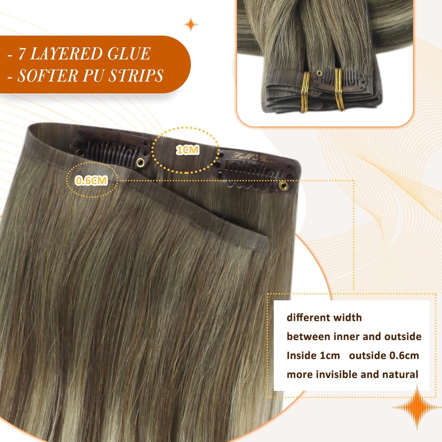 Full Shine Short Hair Extensions Clip ins Brown Ombre Clip in Human Hair Extensions With PU Weft Ash Brown Balayage Cool Blonde Remy Hair Extensions for Women Brazilian Hair 12 Inch 8 Pcs 95 G