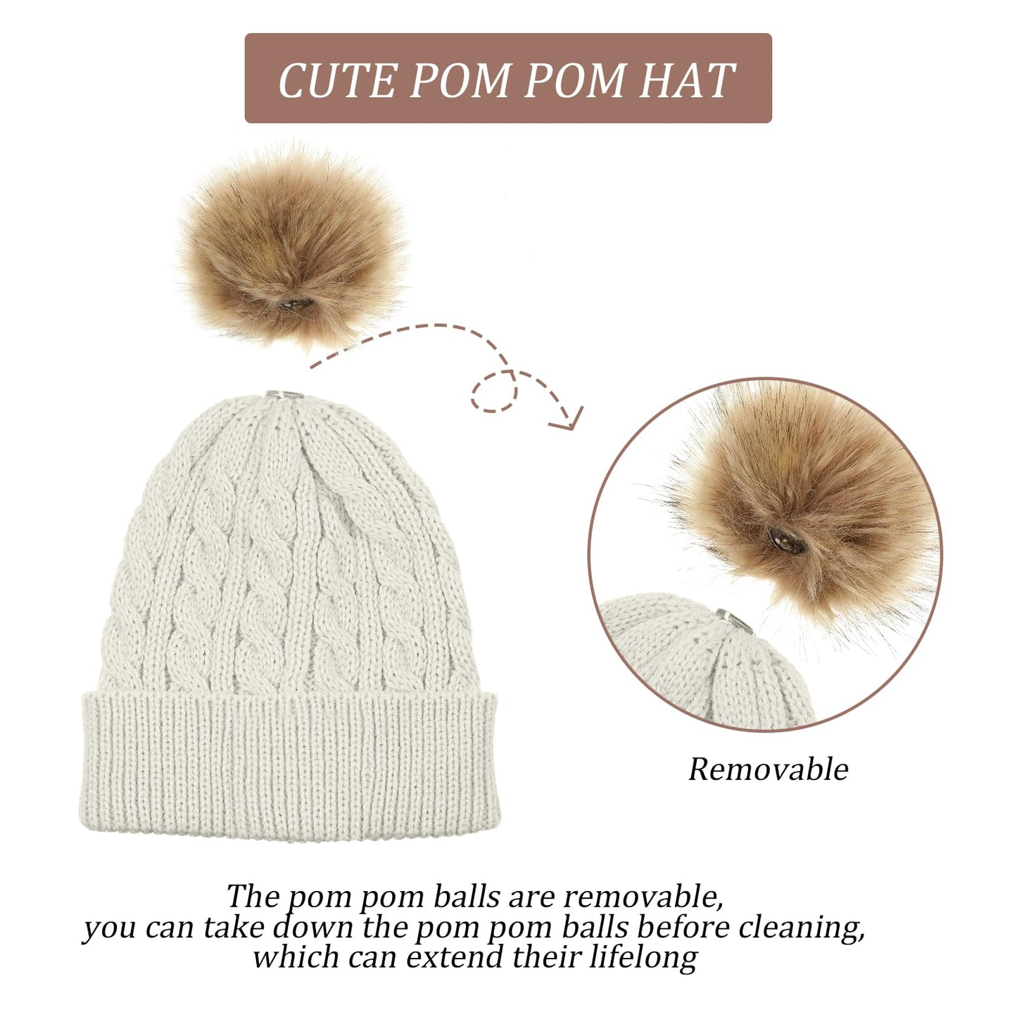 Kids Knitted Woolen Hat 3 Pieces Winter Warm Pom Pom Beanie Cap Knit Hat with Detachable Pom for 1-3 Years Old Girls Boys (Khaki, White, Gray)