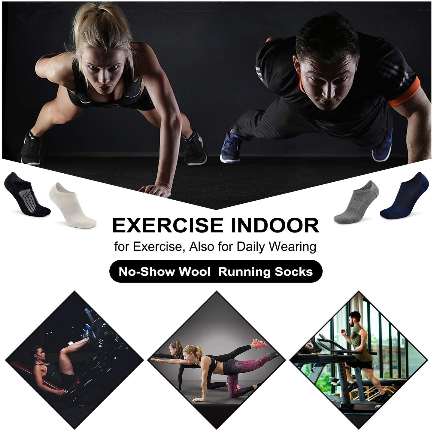 Busy Socks Women's Invisible Wool No Show Socks for Men, Men's Office Anti Slip Comfort Fit Walking Bowling Riding Running Cycling Socks, 3 Pairs, Medium, Black