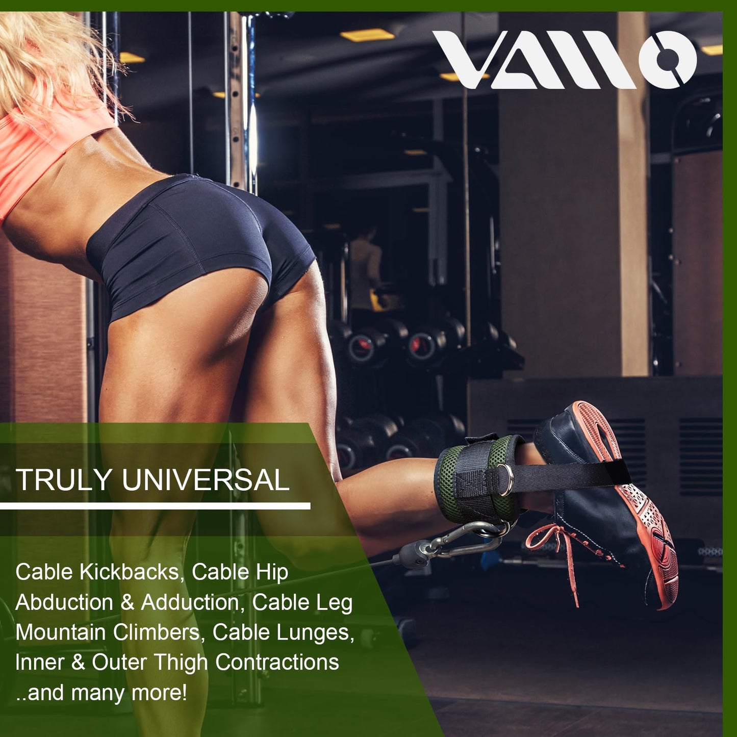 VAIIO Green Ankle Straps for Cable Machines,Adjustable Comfort fit Neoprene, Reinforce Double D-Ring - Premium Ankle Cuffs to Improve Abdominal Muscles, Lift The Butts, Tone The Legs for Men & Women
