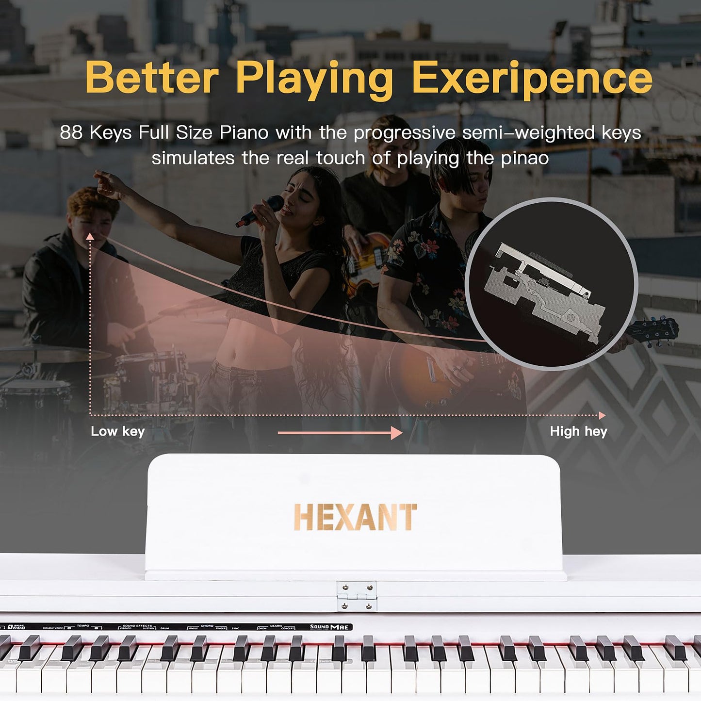 HEXANT 88-Key Weighted Digital Piano, Full-Size Semi-Weighted Upright Flip Electric Keyboard Piano with 3 Pedal and Multi-Functional Keyboard for Beginner(with Bench,White)