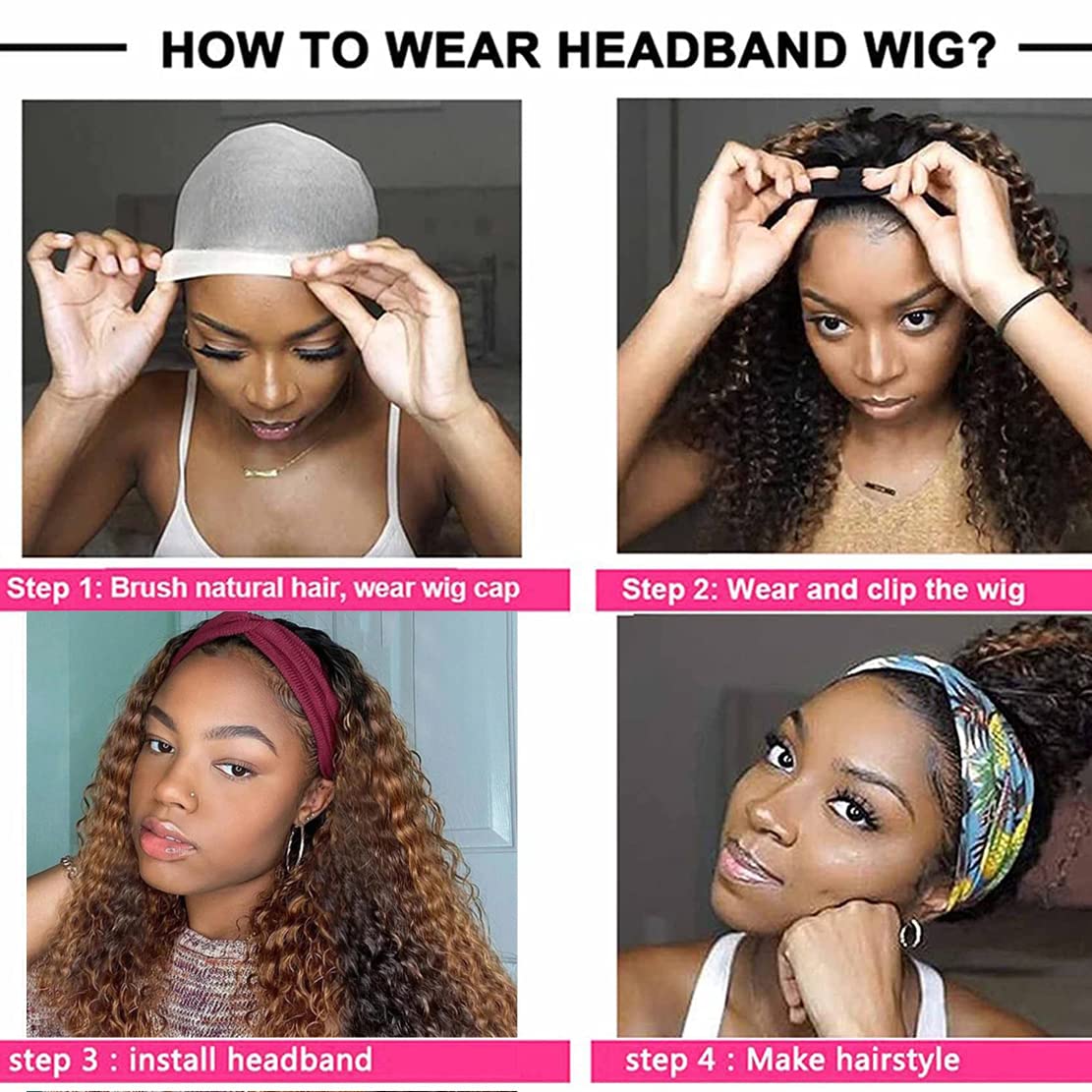 Celiarita Highlight Ombre Headband Wig Deep Wave Human Hair Wigs 4/27 Brazilian Virgin Curly Human Hair Headband Wigs for Black Women 10 Inch