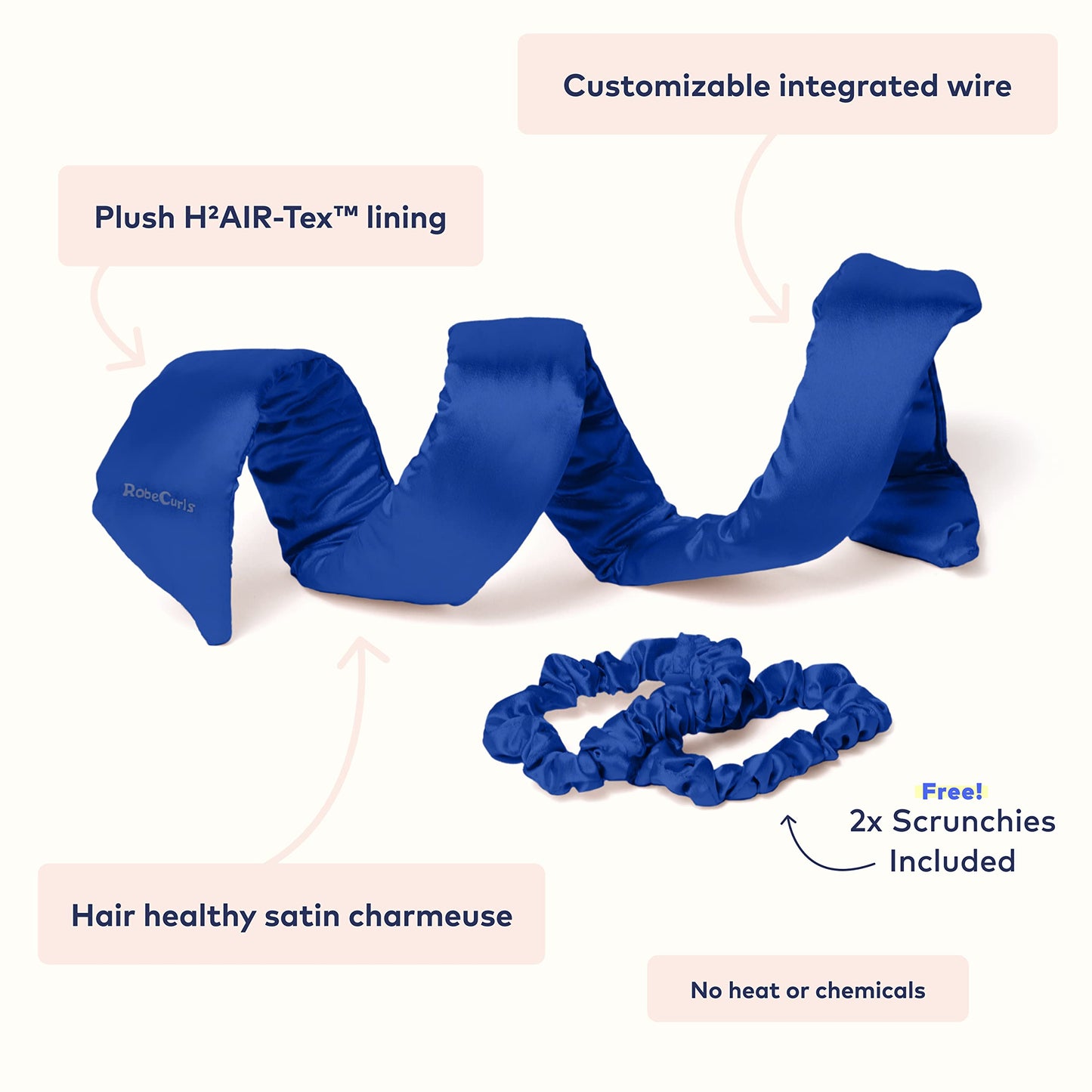 RobeCurls Heatless Hair Curler Set - Satin Curling Headband for No-Heat Curls - Sleep in Overnight Styling Tool with 2 Scrunchies - Easy & Gentle on Hair (Cobalt)