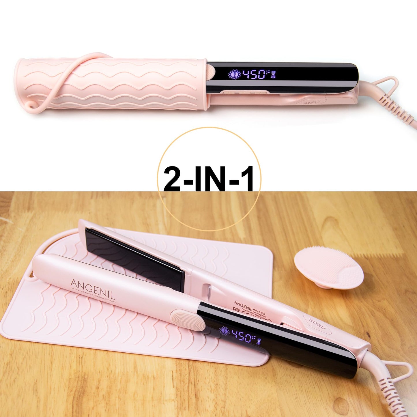 ANGENIL Pro Titanium Flat Iron Hair Straightener and Curler 2 in 1, Round Pink Dual Voltage Hair Straightener Irons with Heat Resistant Silicone Mat Hot Tools, Large LCD Display, 20S Fast Heating