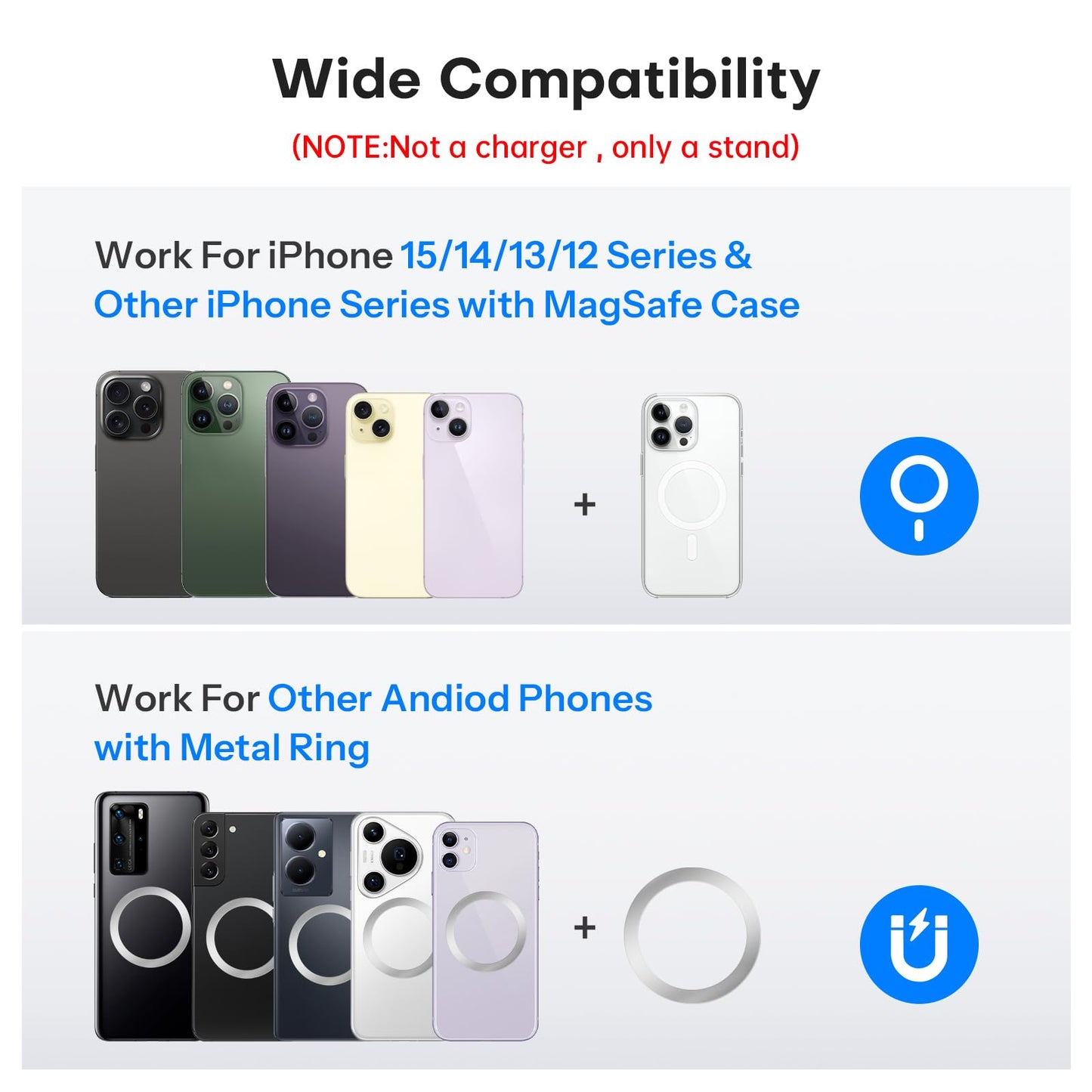 OMOTON 360°Rotating Magnetic Phone Stand for Desk, Adjustable Foldable Aluminum for MagSafe Cell Phone Stand Holder with Non-Slip Base, for iPhone 16/15/14/13 Pro Max/MagSafe Case- Black