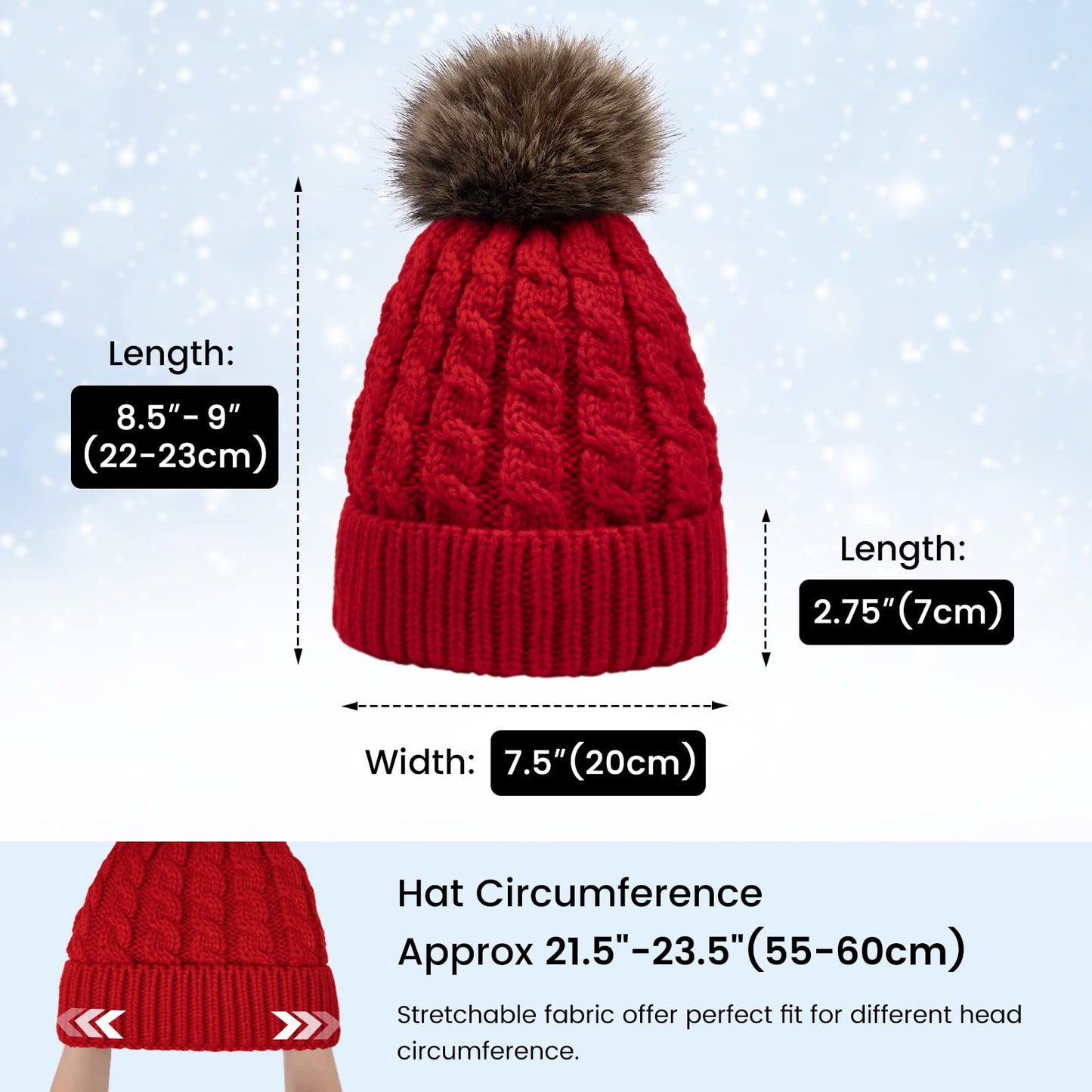 Simplicity Slouchy Beanie Womens Red Hat for Women Pom Pom Beanie Winter Hand Knit Faux Fur Red Beanie Hat