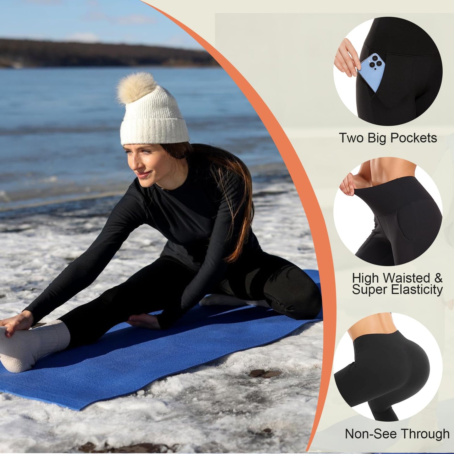 DHSO Fleece Lined Leggings Women with Pockets-Thermal High Waisted Tummy Control Warm Winter Workout Yoga Pants Light Khaki