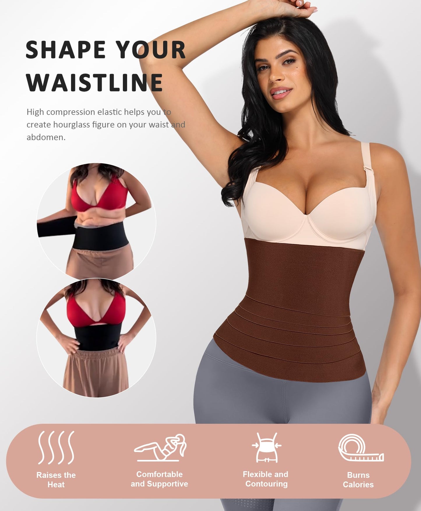 FeelinGirl Snatch Me Up Wrap Bandage Waist Trimmer Tummy Wraps Belt for Women Waist Wrap Gym Accessories Waist Trainer Brown