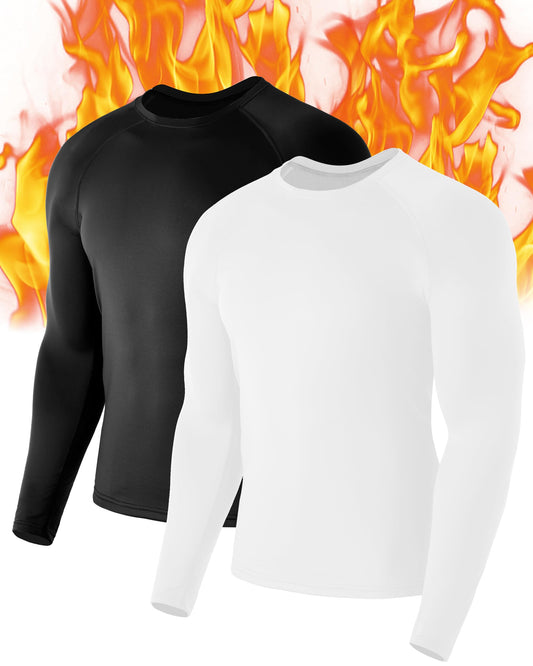 EoBeKee Mens Thermal Long Sleeve Shirt - 2 Pack Compression Tight Shirts Winter Base Layer Tops Running Sports Hunting Workout Undershirt