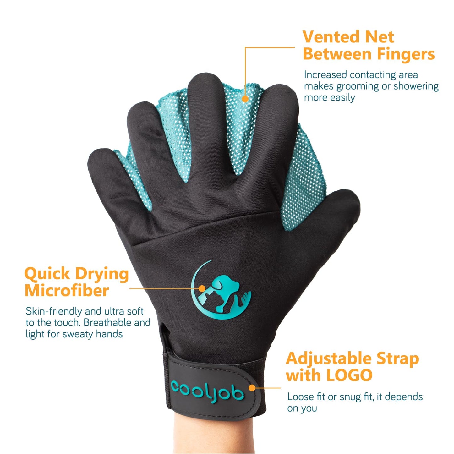 COOLJOB Patented Pet Grooming Gloves with Web, Reusable Washable Cleaning Brush Massage Hair Remover for Short Long Haired Dog Cat Horse Animal, Washing Bathing Shedding Supplies, Medium, Blue Black